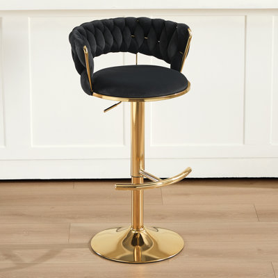 Tabourets de bar pivotants réglables avec dossier incurvé en velours tissé, chaises de bar rondes à hauteur de comptoir en métal doré, tabouret de bar rembourré de luxe moderne pour îlot de cuisine, noir