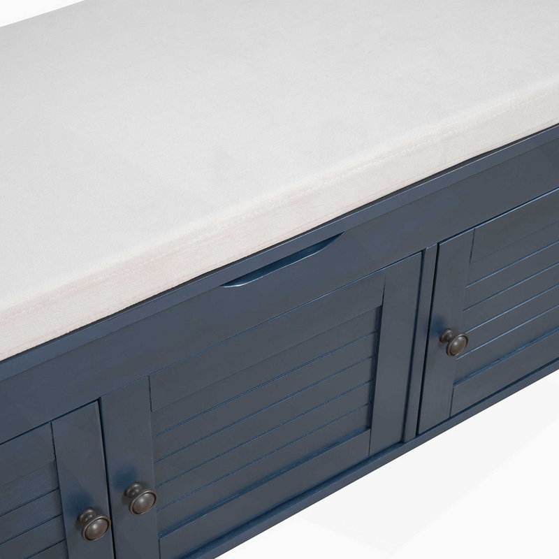 Banc de rangement avec 3 portes en forme de volet, banc à chaussures avec coussin amovible et espace de rangement caché (bleu marine antique)