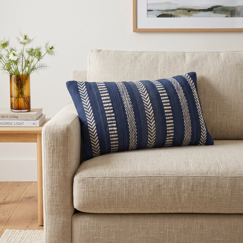 Positano Embroidered Lumbar Pillow Cover, Blue/Ivory, Polyester/Polyfill