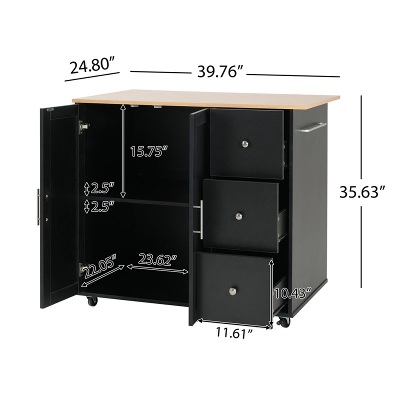 Mobile Kitchen Cart with Storage, 39.76'' Rolling Kitchen Island with 2 Doors, 3 Drawers & Adjustable Shelf, Black Utility Cart for Kitchen/Dining Room