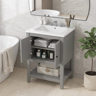 Meuble-lavabo moderne de 24 po, cadre en bois massif, lavabo en céramique et tablette ouverte pour le rangement de la salle de bain