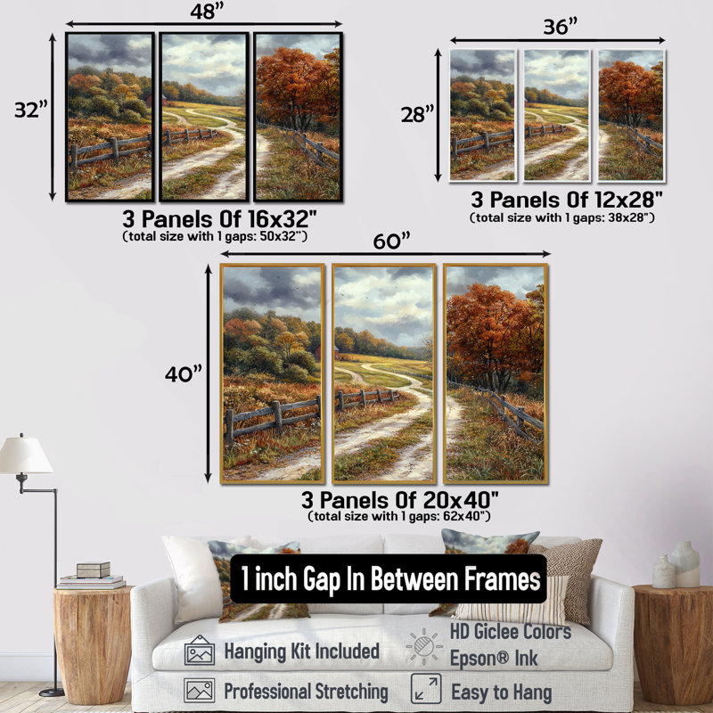 Ensemble de salon art mural vert d'automne, Toile avec cadre flottant brun, H 40 po x l 60 po x P 1 po
