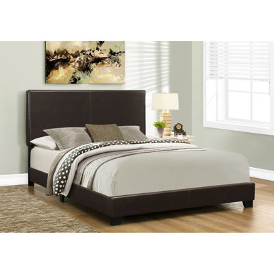 Queen Size Upholstered Bed In Dark Brown Leather-like Covering Bedroom With Upholstery