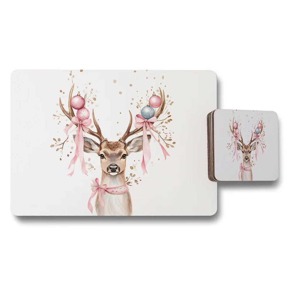 Watercolor Deer Placemat And Coaster Set With Pink Bow Decor