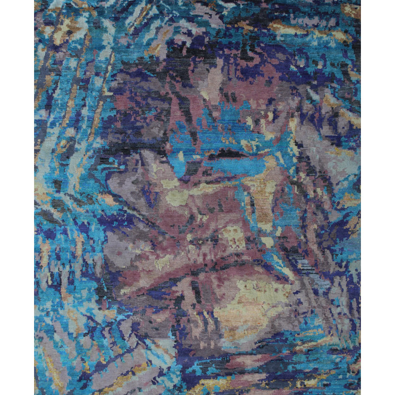 Odyssey Post Modern Organic Abstract Purple Blue Gold Wool and Silk Hand Knotted Area Rug