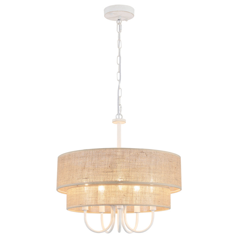 Lustre 5 lumières à 2 niveaux avec abat-jour en corde de chanvre tissé à la main Roelke, Blanc patiné