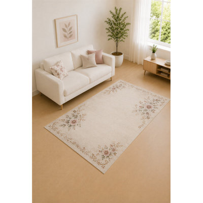 Tapis pour bordure de jardin en vigne crème et rosé de 5 pi x 7 pi pour salon, chambre à coucher et bureau à domicile «Ultra Léger», tapis doux à poils courts avec envers antidérapant en silicone