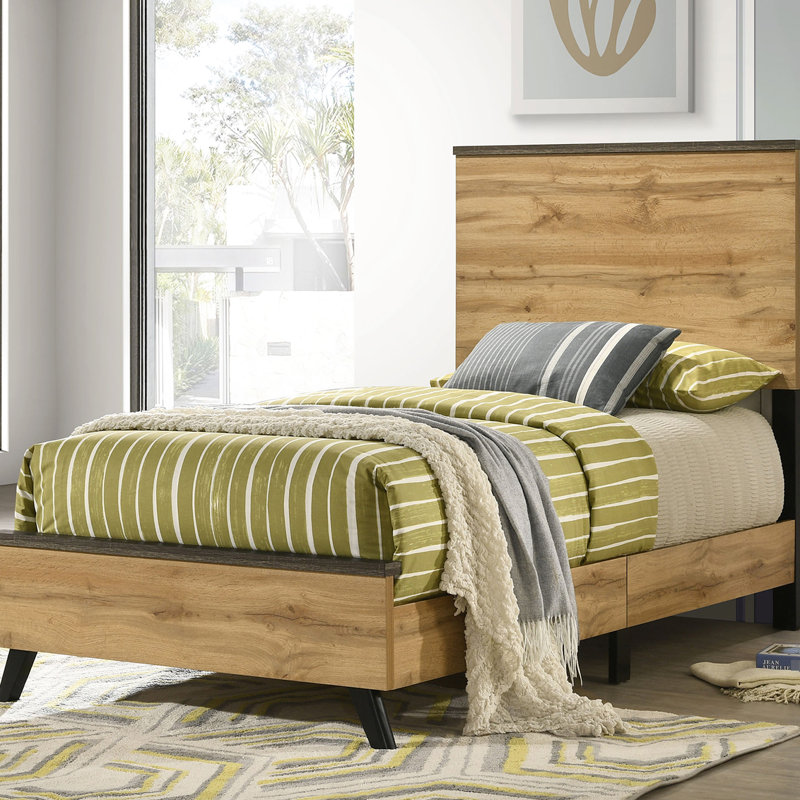 Lit simple de style Mid-Century moderne, finition pin naturel et brun patiné, cadre de lit de chambre rustique, garniture
