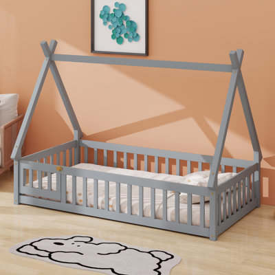 Tent-Shaped Floor Bed With Guardrails, Slats, And Door