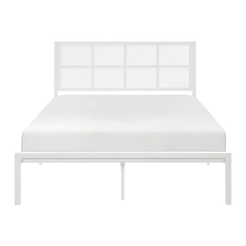 Casual Coastal Bedroom Queen Bed, Metal Frame & Faux Cane Headboard In White, Box Spring Excluded White Panel Headboard, Look, No Foundation Needed