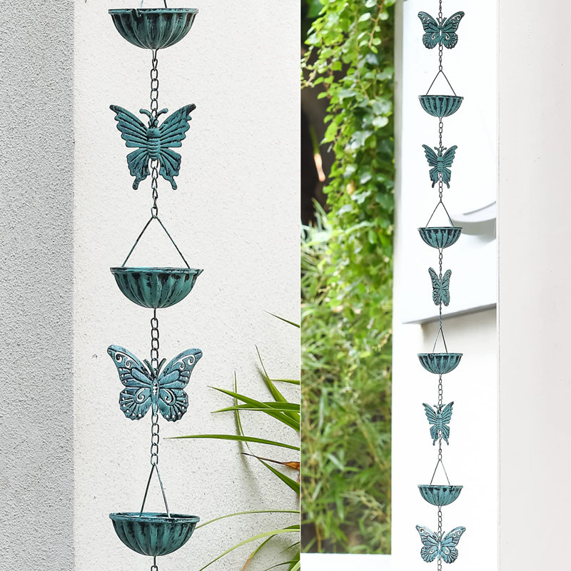 Chaîne de pluie 8,5 pi pour gouttières de gouttière, coupe papillon, bleu vieilli