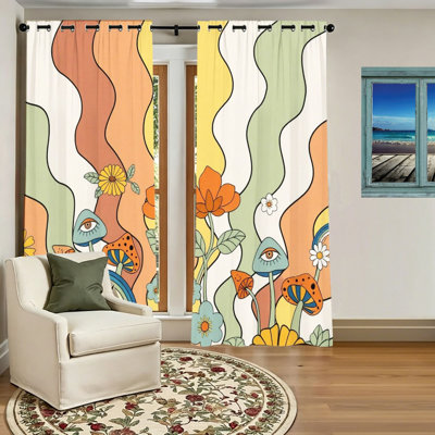 2 pièces de rideaux occultants à motif floral rétro à motif floral, rideaux boho à motif abstrait ondulé, panneaux d'œillets obscurcissants pour le salon, la chambre et la décoration intérieure