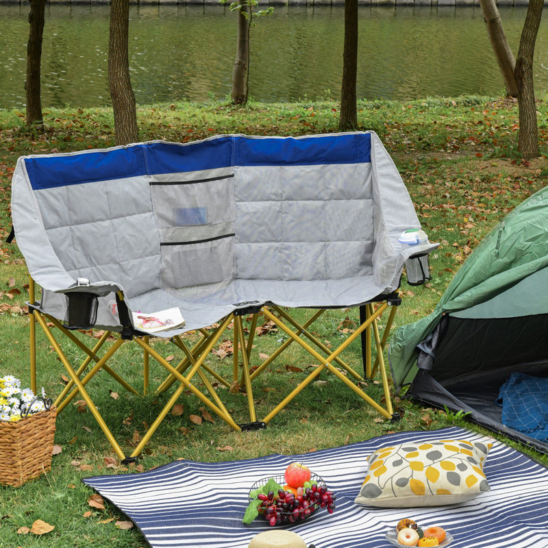 Chaise de camping pliante à deux places pour la pelouse, Bleu marine et gris