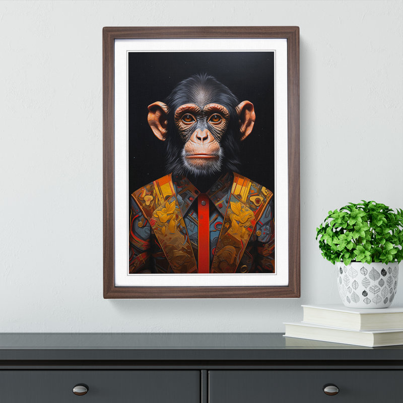Monkey Hard Edge Painting - Single Picture Frame Print on Wood, 34cm H x 25cm W x 2cm D, Walnut Framed