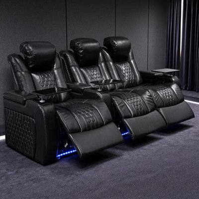 93.3" Black 3 Seat Power Recliner, Crafted From Top - Grain Nappa Leather, Adjustable Lumbar, Smart Charging And 17 Color Led Lighting Recliner Made Of , Ports, Accents