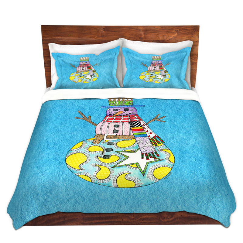 Ensemble de housse de couette bonhomme de neige, 1 housse de couette grand + 2 taies standards, Bleu ciel