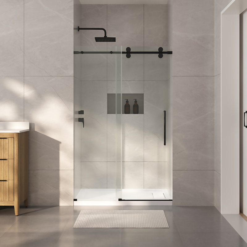 Ensemble de douche coulissante avec porte et base Reva 48 po x 32 po - Noir, Noir mat, H 76,77 po x l 47,99 po x P 32,01 po