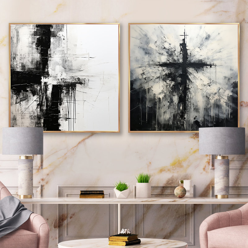 Minimalisme croix noire et blanche - ensemble de 2 collages carrés, H 16 po x l 33 po, Cadre flottant doré