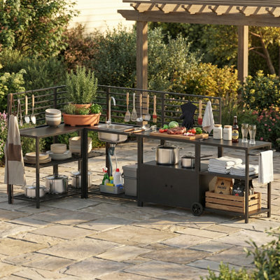 Outdoor Kitchen 5 Piece Modular Set with Sink Corner Unit Storage Cabinet and Mobile Prep Stations