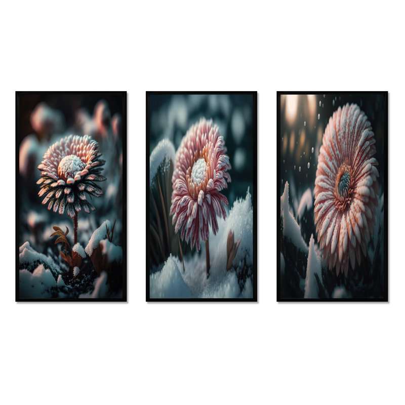 A Blooming Flower In Winter - Ensemble d'art floral et botanique de 3 pièces, Noir, H 28 po x l 36 po