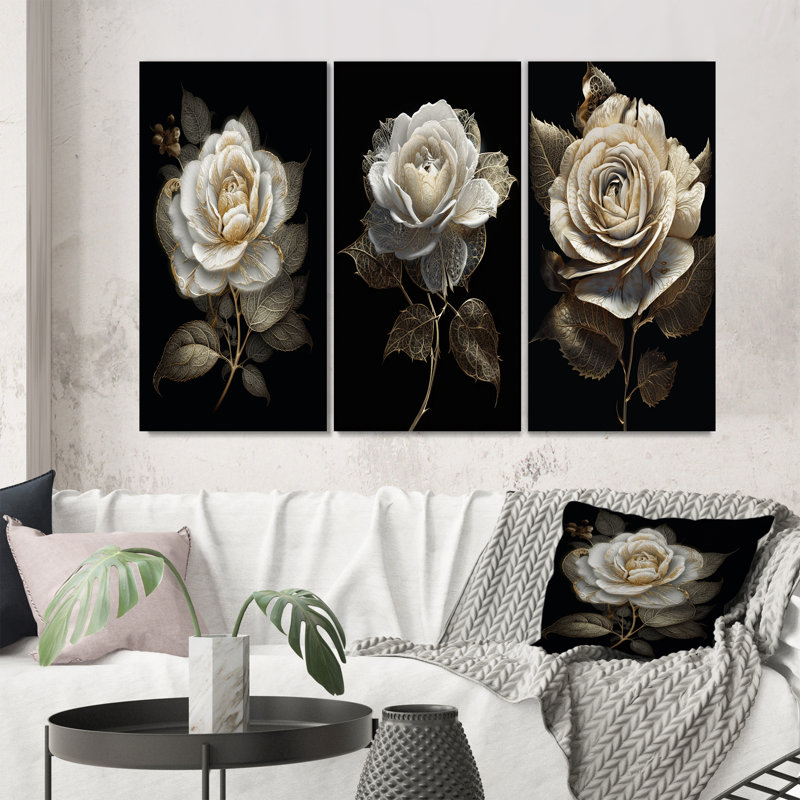 «Retro White Rose Portrait On Black», 3 pièces, Toile tendue, H 32 po x l 48 po