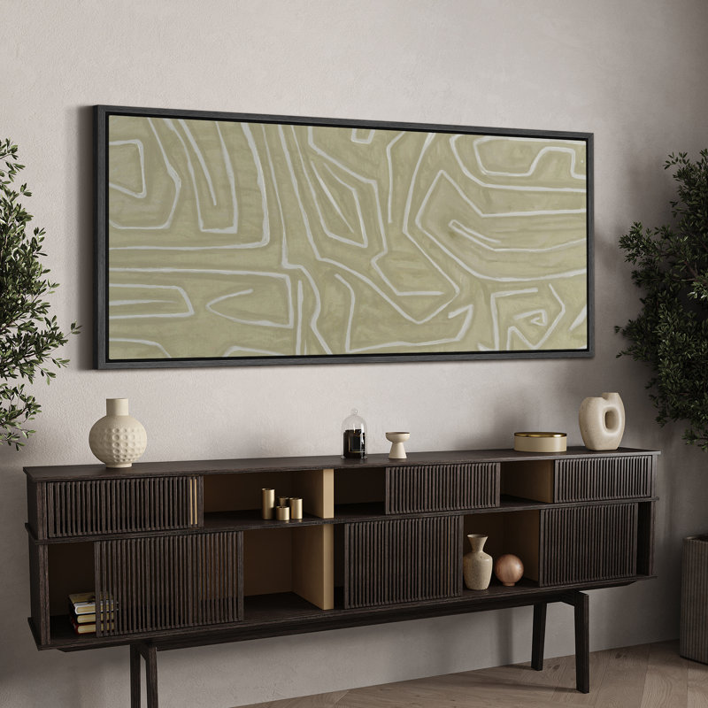 «Geometric Line Soft Pastel Green Maze», lignes géométriques contemporaines encadrées sur toile, H 30 po x l 60 po