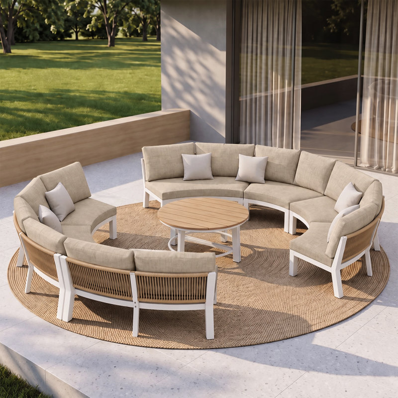 Ensemble de conversation de patio en aluminium demi-lune pour 5 personnes avec coussins et table basse, Beige/White