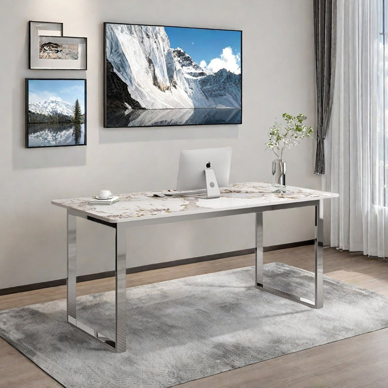 Bureau en acier inoxydable Minimalist, H 29,52 po x l 70,86 po x P 31,49 po, Blanc / Gris