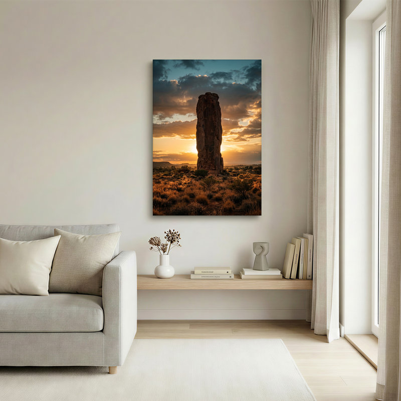 «Tall Rock Spire In Desert Landscape At Golden Sunset», art mural sur toile, 30"H x 20"W