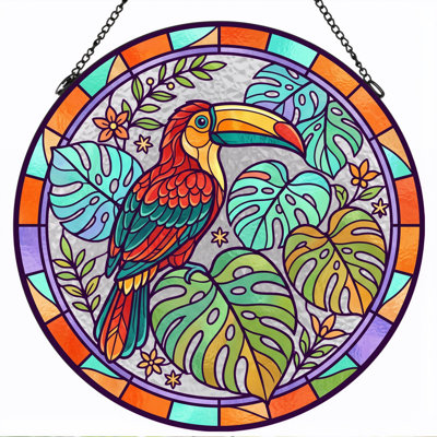 Toucan Tropical Stained Glass Window Panel，7.8H