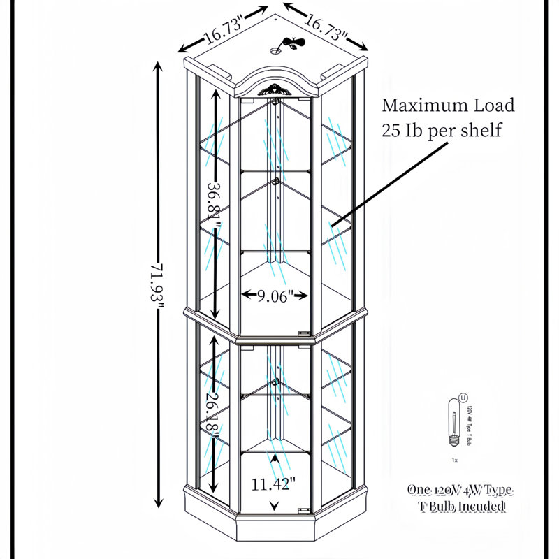 Armoire vitrée d'angle vitrée éclairée avec tablettes réglables