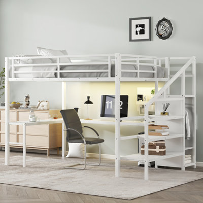 Grand lit mezzanine avec bureau en L et port USB, lit mezzanine en métal avec garde-robe et tablette réglable, lit mezzanine haut avec DEL pour enfants, adolescents, adultes
