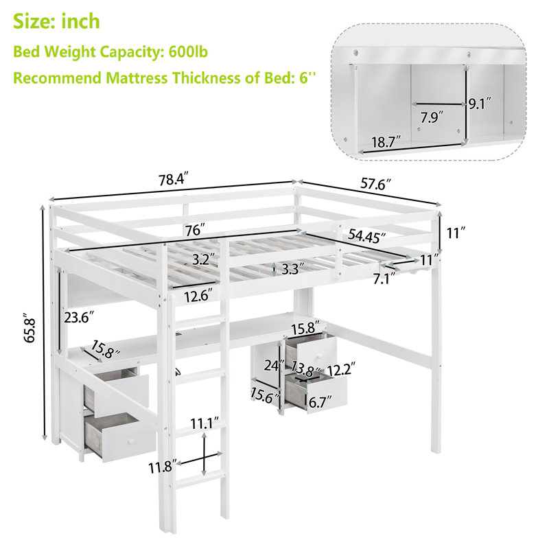 Loft Bed With Built-In Desk, Bookcase, Usb, Full Size, White