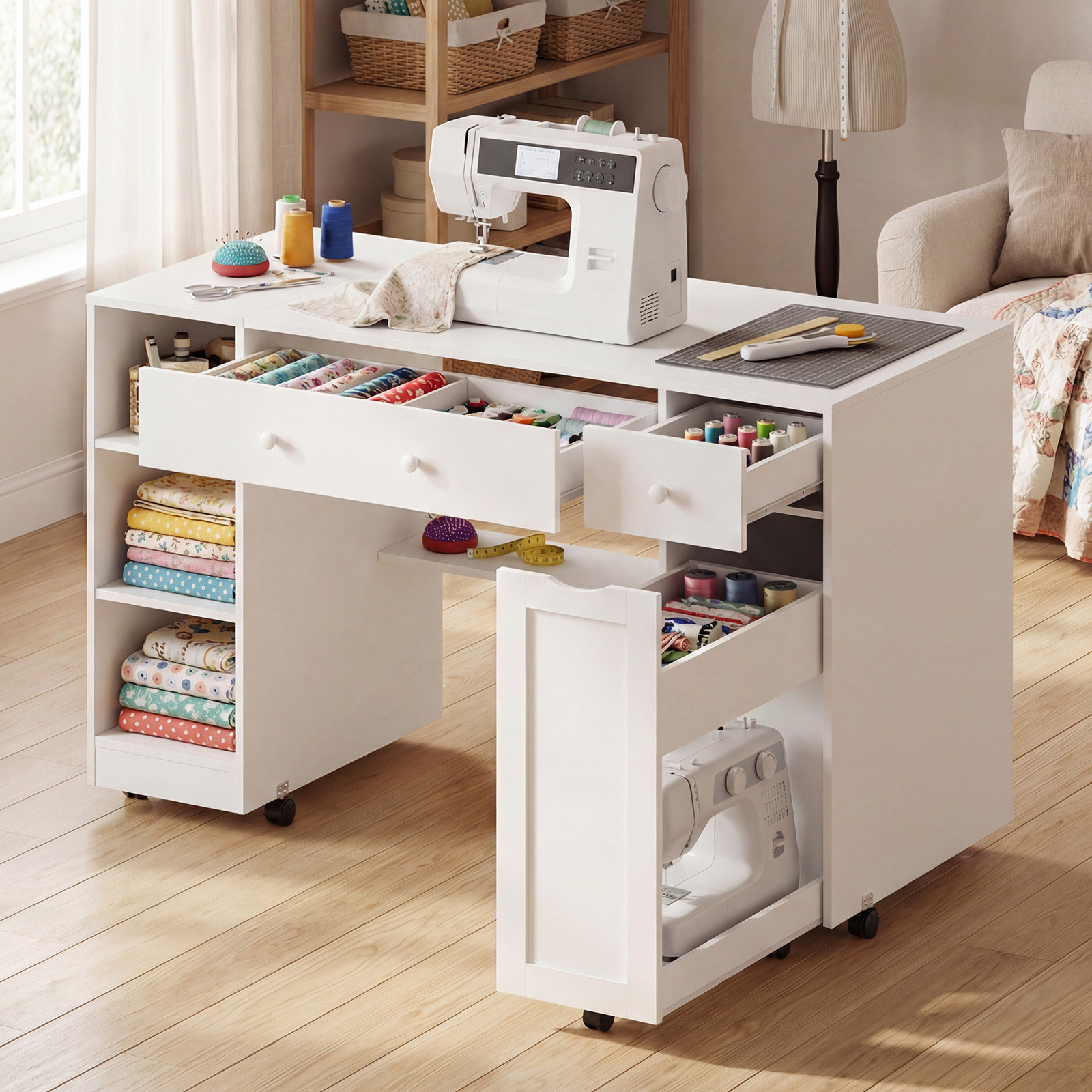 Advwin 53″W Pull-Out Sewing Craft Table with Storage,Mobile Sewing ...