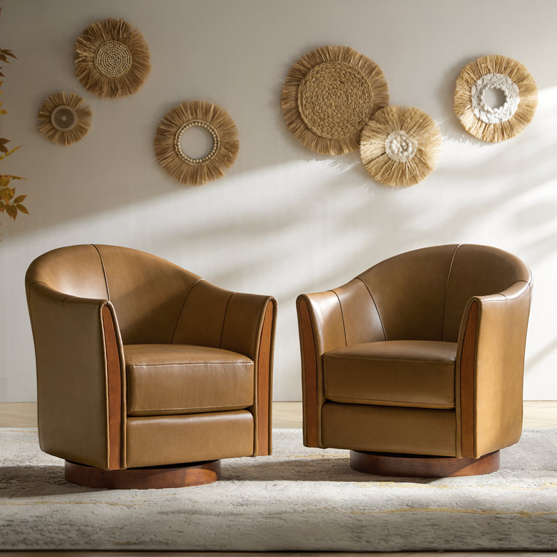 Pocono 29"W Transitional Genuine Leather Swivel Barrel Chair With Solid Wood Base(Set of 2), Camel