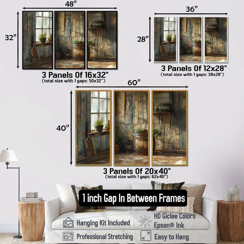 Ensemble de décorations murales brunes rustiques brunes III, H 28 po x l 36 po x P 1 po, Toile avec cadre flottant noir