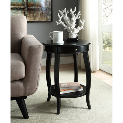 Table ronde avec pieds noirs, 1 tiroir et rangement ouvert, pieds en bois massif, bois composite, assemblage simple, limite de poids de 60 lb, accent de 18 po x 18 po x 24 po pour la tablette inférieure, longue durée pour l'assemblage,