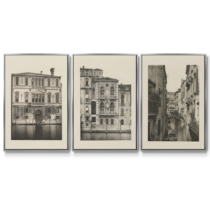"Vintage Views of Venice I", ensemble de 3 pièces encadrées sur toile, H 36 po x l 72 po, Argent