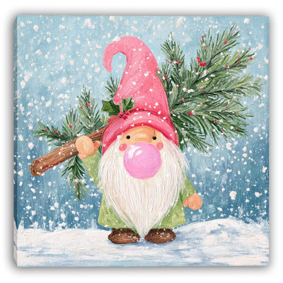 Pink Hat Winter Gnome Wrapped Canvas Wall Art