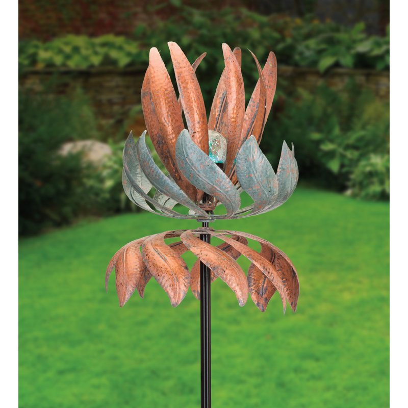 Copper Patina Solar Vertical Wind Spinner with Crackle Glass Ball