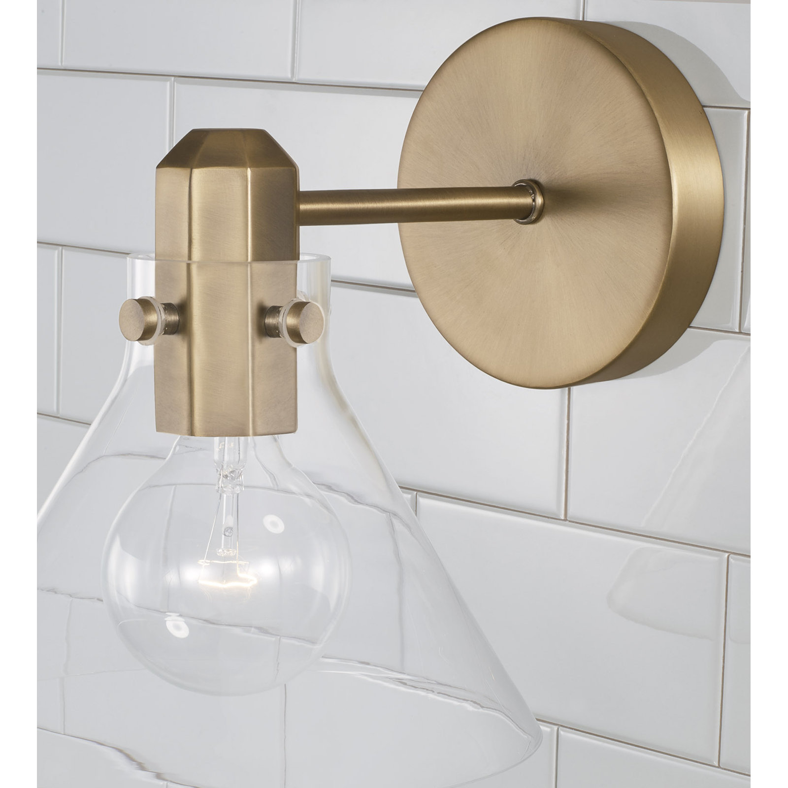 Single Light Glass Dimmable Armed Sconce, Aged Brass