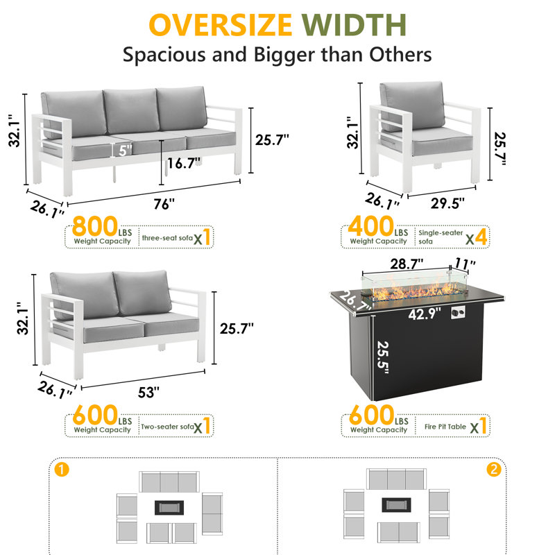 9-Person Sofa Seating Group With Fire Pit, Light Gray Cushion/White Frame