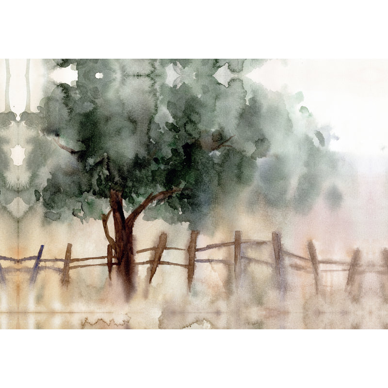 Aquarelle, clôture et arbre - reproduction d'art, H 12 po x l 18 po, Non, Cadre flottant noir
