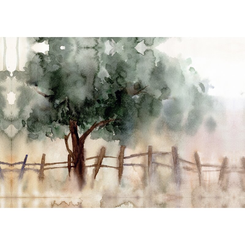 Watercolor Fence And Tree On Canvas Painting