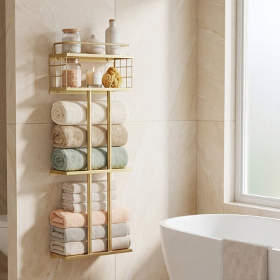 3 Tier Towel Rack Wall Mounted, Metal Bathroom Rolled Towel Storage with Shelf