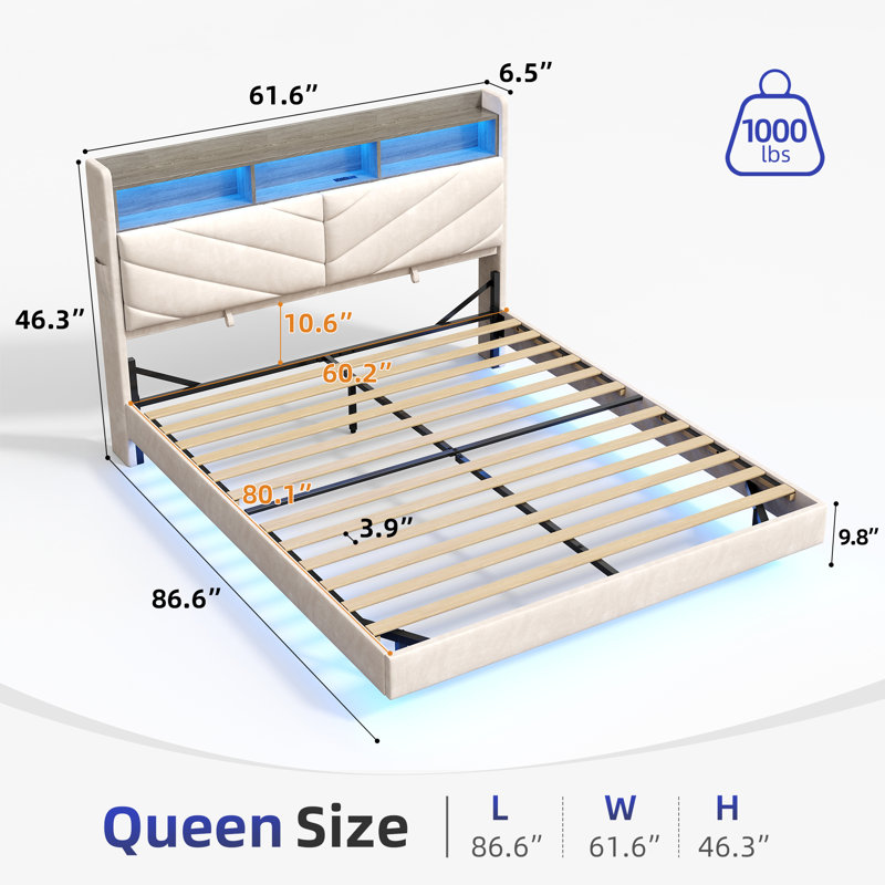 Sharwin LED Upholstered Bed Frame Floating Bed Frame With Storage Headboard, Queen