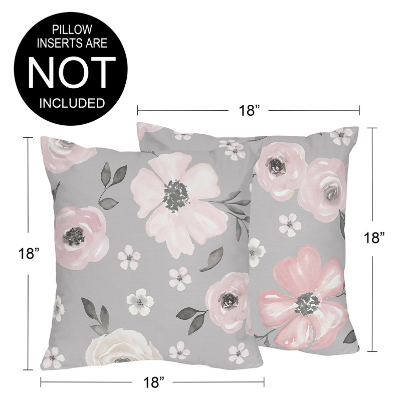 Grey and Pink Watercolor Floral Kids' Throw Pillows Set