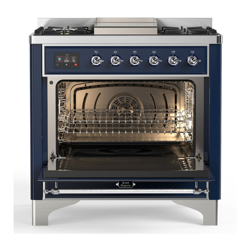 Majestic III Series 36 Inch Dual Fuel Range with 6 Sealed Burners, Griddle, in Glossy Black (Natural Gas, Brass Trim), Chrome