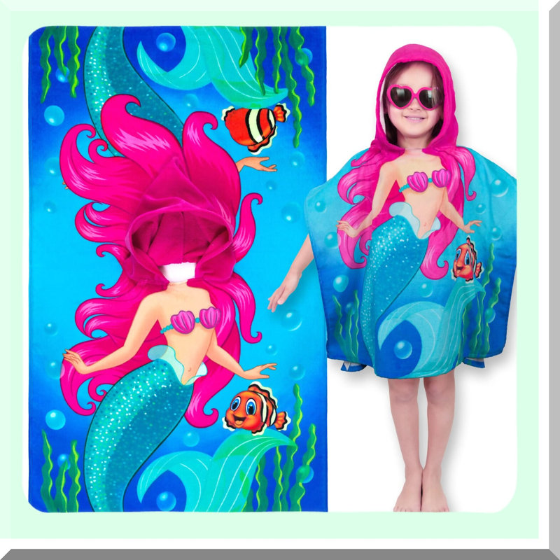 Mermaid Magic Hooded Towel - 100% Cotton Beach & Bath Poncho for Kids (2-7 Years)