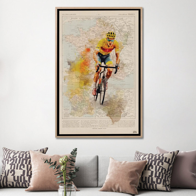 Tour de France, aquarelle, Toile avec cadre flottant en bois naturel, Pas de tapis, H 60 po x l 40 po x P 1,5 po